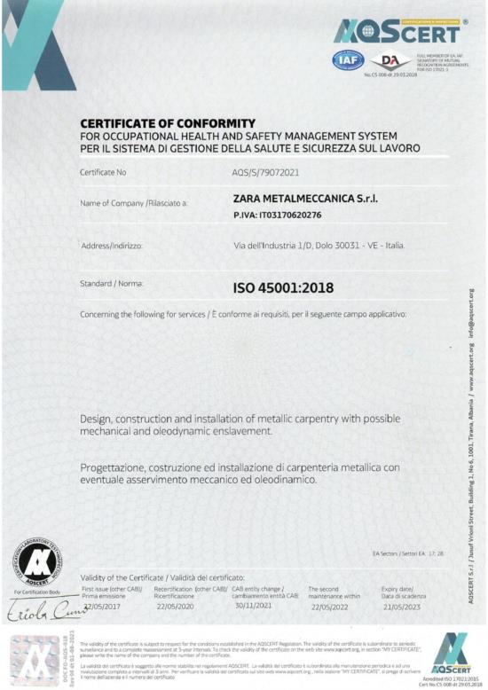  è certificata ISO 45001:2018